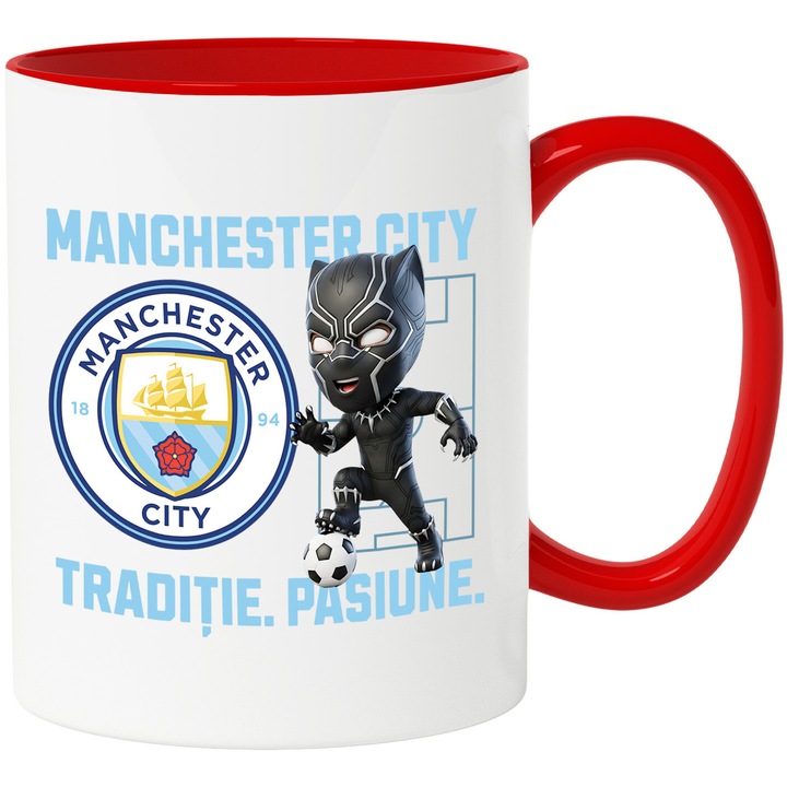 Cana cu Pantera Neagra, si Echipa de Fotbal Mancester City, Ceramica, 330ML, Cu Maner si Interior Rosu
