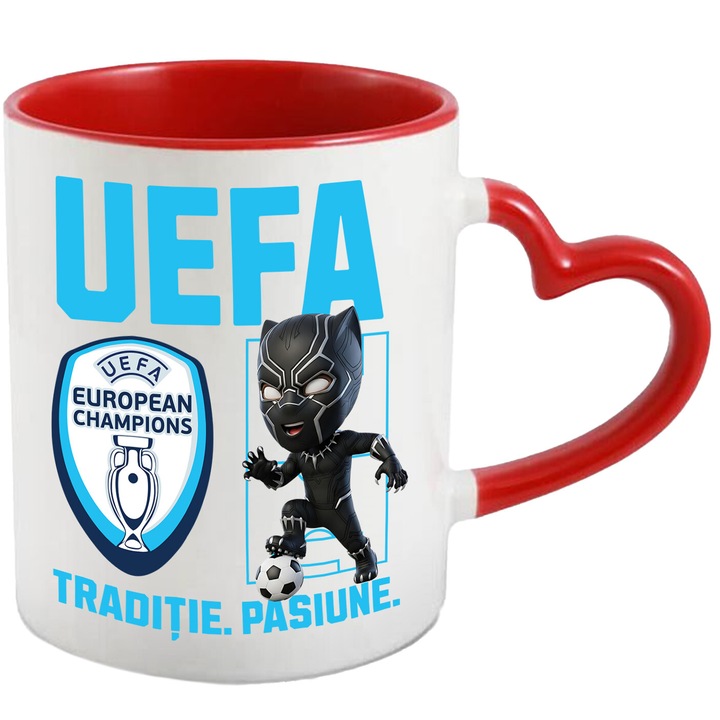 Cana cu Pantera Neagra, si Echipa de Fotbal Uefa, Ceramica, 330ML, Cu Maner Inima Rosie si Interior Rosu