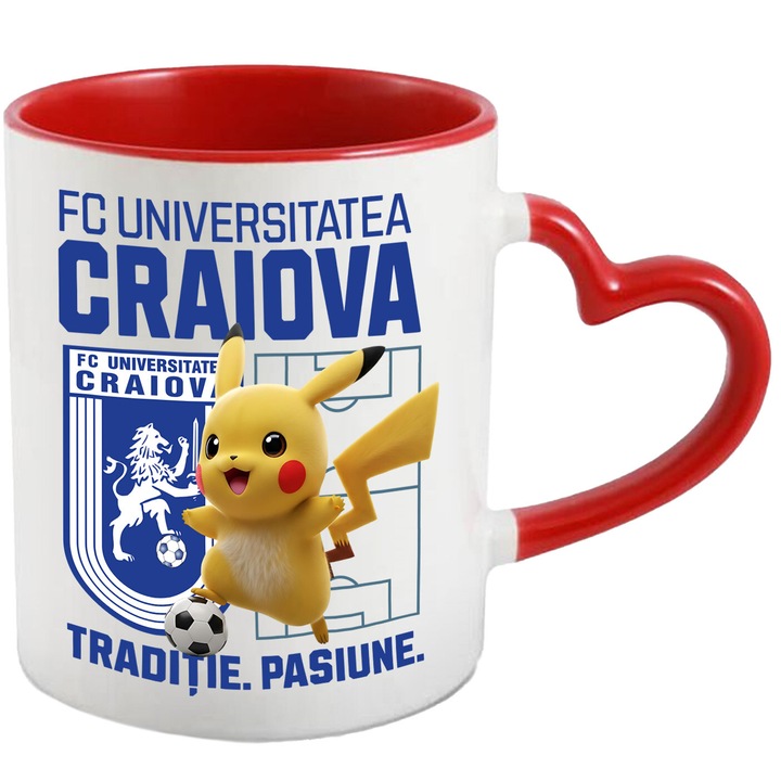 Cana cu Pikachu, si Echipa de Fotbal FC Universitatea Craiova, Ceramica, 330ML, Cu Maner Inima Rosie si Interior Rosu