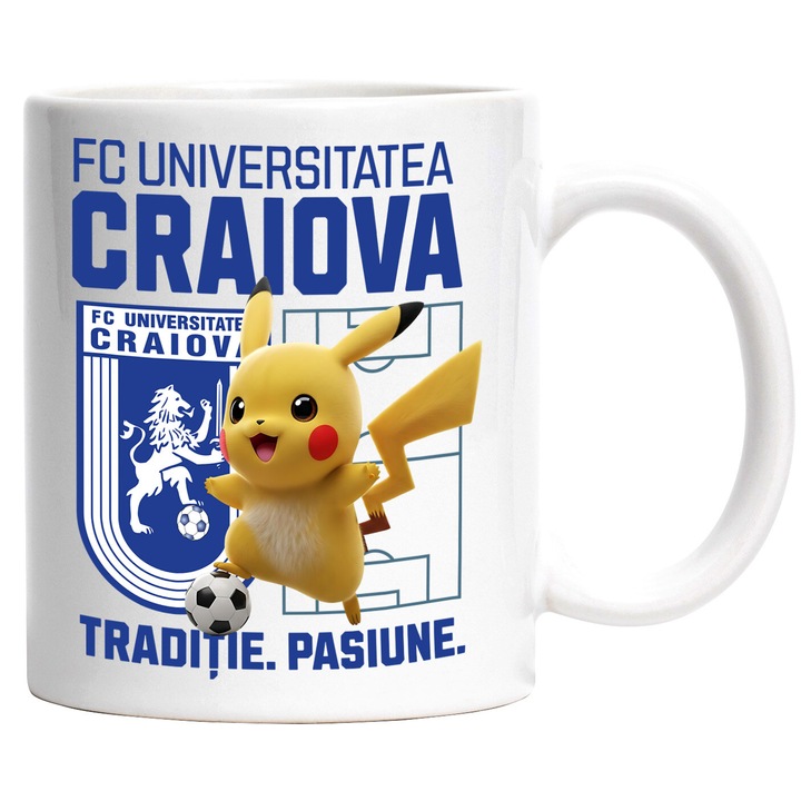 Cana cu Pikachu, si Echipa de Fotbal FC Universitatea Craiova, Ceramica, 330ML, Cu Maner si Interior Alb
