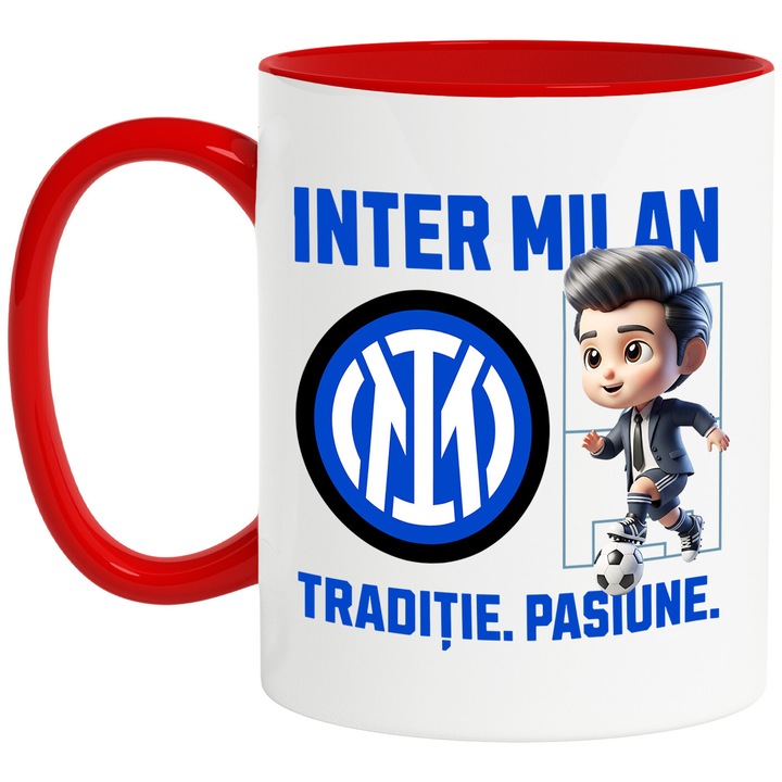 Cana cu Ken Barbie, si Echipa de Fotbal Inter Milam, Ceramica, 330ML, Cu Maner si Interior Rosu