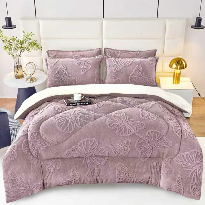 Set Pilota cu Blanita Cocolino, 3 Piese, pentru Pat Dublu, 200x230cm, cu 2 Fete de Perna Incluse, Model cu Fluturi in Relief, Culoare, Lila