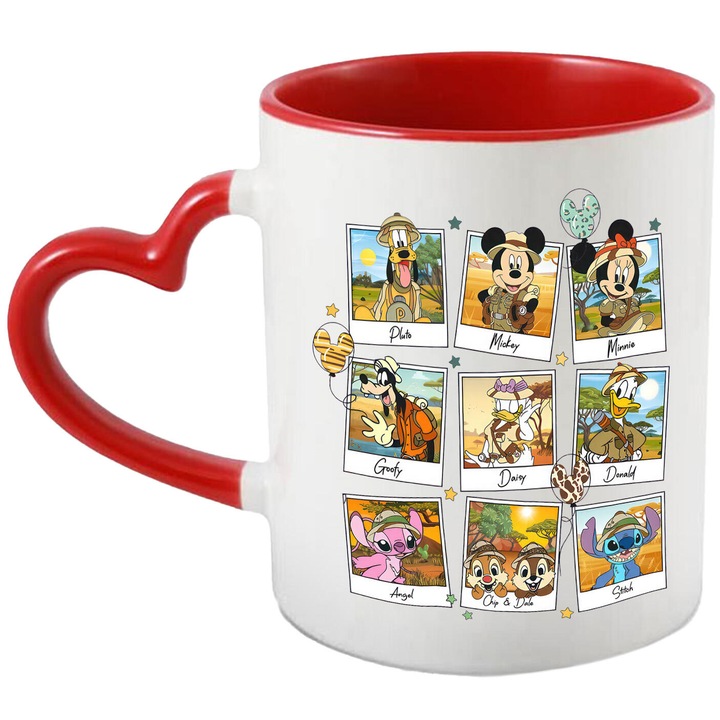 Cana Cu Mickey si Minnie – Coltul de Magie – Praf de stele si bucurie, Ceramica, 330ML, Cu Maner Inima Rosie si Interior Rosu