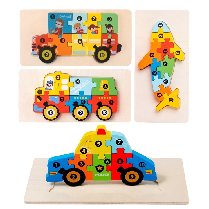 Puzzle 3D din lemn, Set 4 in 1, Mijloace de transport, 3+ ani, Multicolor