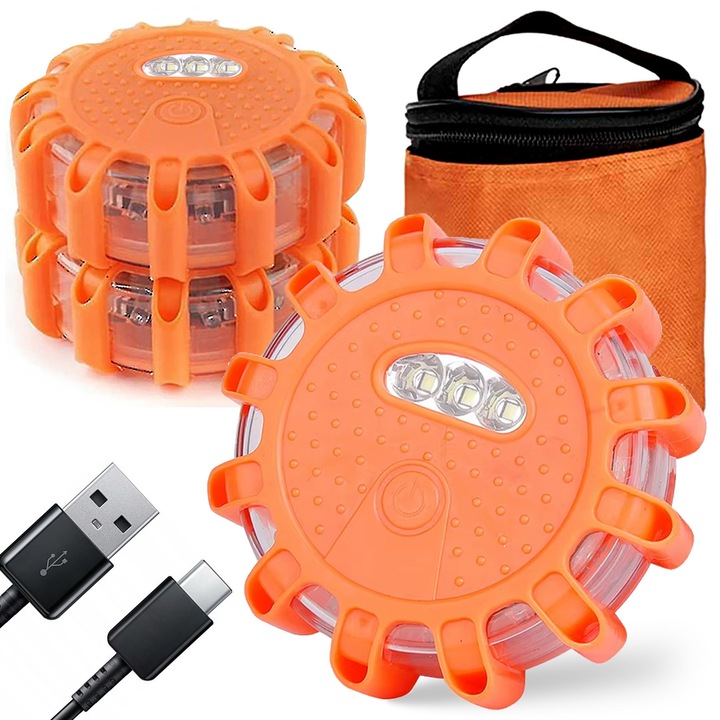 3 db professzionális Pixel 12+3 LED jelzőlámpa készlet, USB-C tölthető, 9 üzemmód, narancssárga, 100mm x 35mm