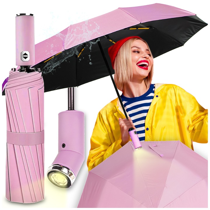 Umbrela automata roz cu LED, 10 spite, 100cm, compacta si usoara