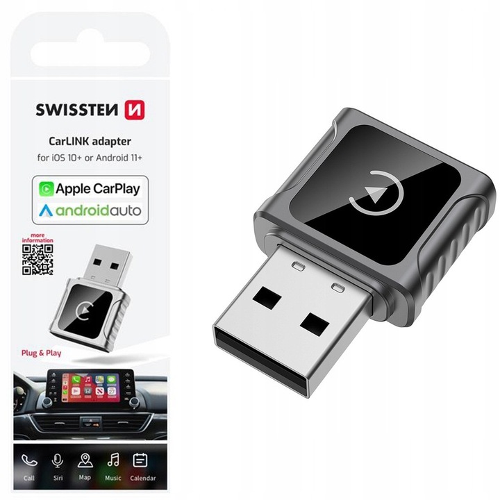 Adapter Wireless Auto, Swissten, CarLINK, CarPlay és Android Auto, Gyors csatlakozás Wi-Fi 5.8 és Bluetooth 5.3, Plug & Play, Kompatibilis 98% autóval, Alacsony késleltetés, Online frissítések, Kompakt és könnyű design, Tartalmaz USB-A/USB-C adaptert