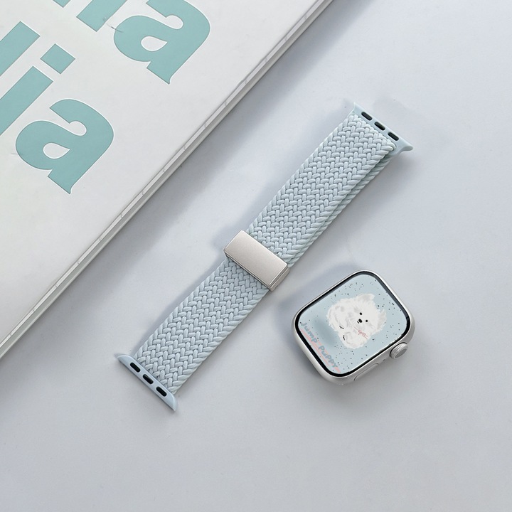 Curea ceas din material textil impletit, cu catarama magnetica tip stea, compatibila cu Apple Watch 7/8/9, 45/49 mm, albastru deschis