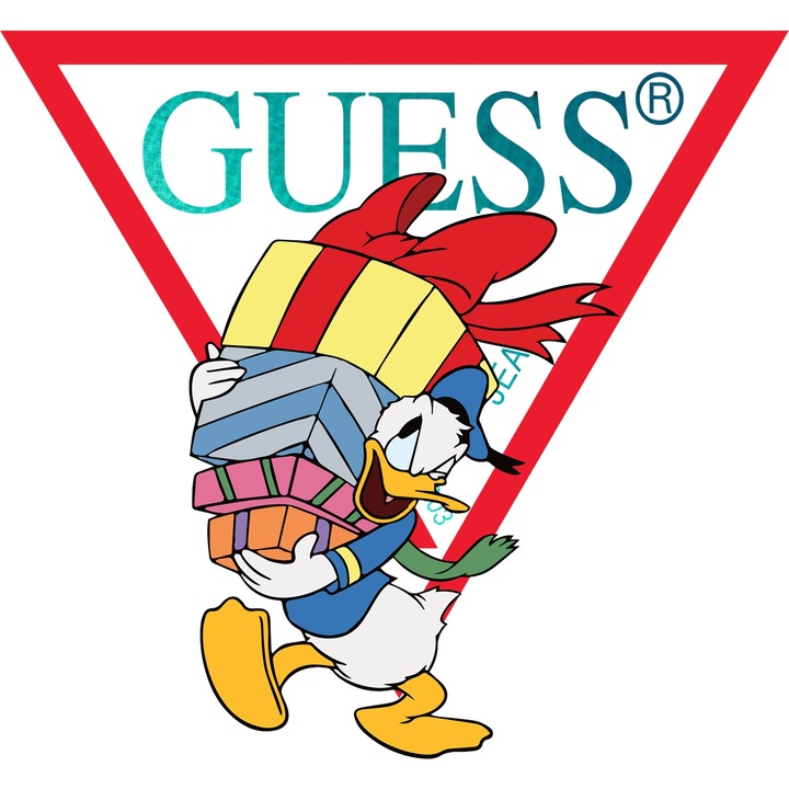 Sticker Adeziv Cu Mickey si Minnie, Cu Textul "Guess" - Design 2, cu Margini Albe, PVC Vinyl 10CM
