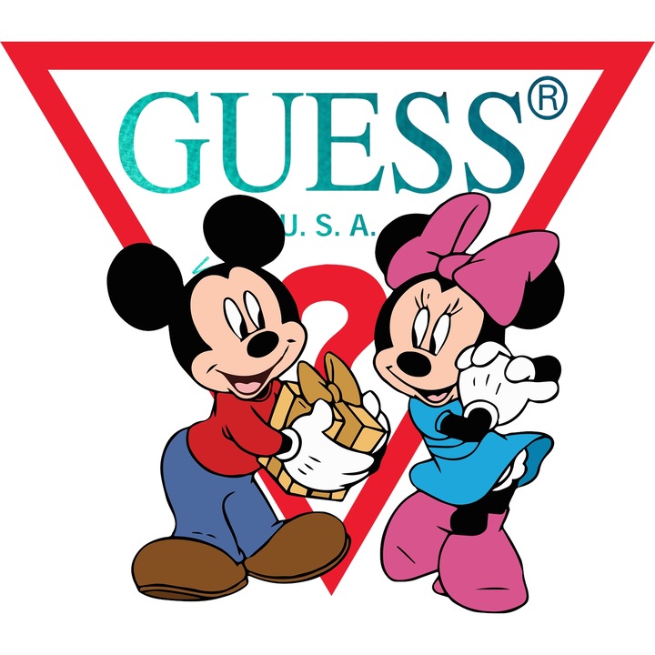 Sticker Adeziv Cu Mickey si Minnie, Cu Textul "Guess" - Design 5, cu Margini Albe, PVC Vinyl 40CM