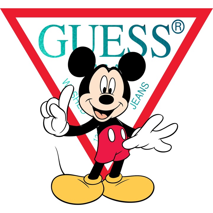 Sticker Adeziv Cu Mickey si Minnie, Cu Textul "Guess" - Design 8, cu Margini Albe, PVC Vinyl 40CM