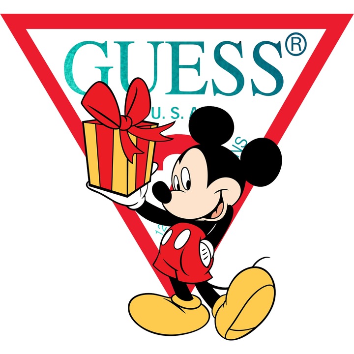 Sticker Adeziv Cu Mickey si Minnie, Cu Textul "Guess" - Design 9, cu Margini Albe, PVC Vinyl 90CM