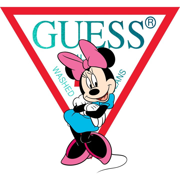 Sticker Adeziv Cu Mickey si Minnie, Cu Textul "Guess" - Design 11, cu Margini Albe, PVC Vinyl 90CM