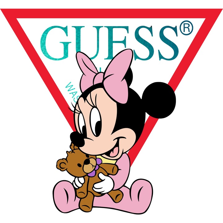 Sticker Adeziv Cu Mickey si Minnie, Cu Textul "Guess" - Design 13, cu Margini Albe, PVC Vinyl 10CM