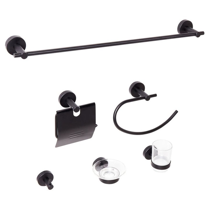 Set de 6 accesorii pentru baie Zaruma cu bare si carlige pentru prosoape Negru