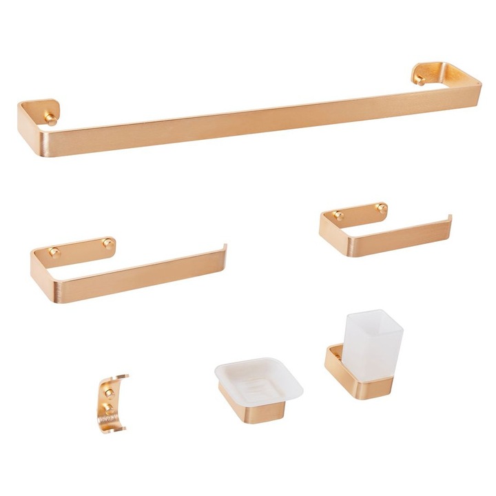 Set de 6 accesorii pentru baie Zorritos cu bare si carlige pentru prosoape Metal Auriu