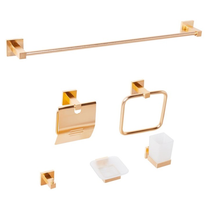 Set de 6 accesorii pentru baie Uvita cu bare si carlige pentru prosoape Auriu