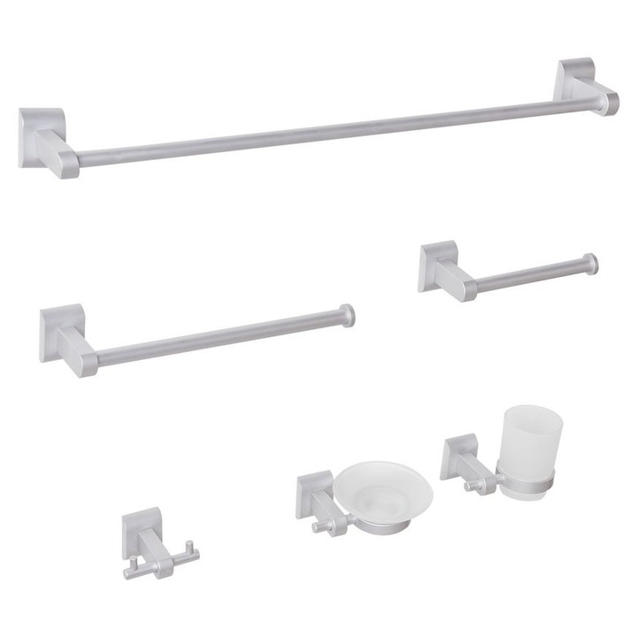 Set de 6 accesorii pentru baie Talara cu bare si carlige pentru prosoape Argintiu