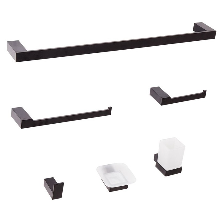 Set de 6 accesorii pentru baie Tumaco cu bare si carlige pentru prosoape Negru
