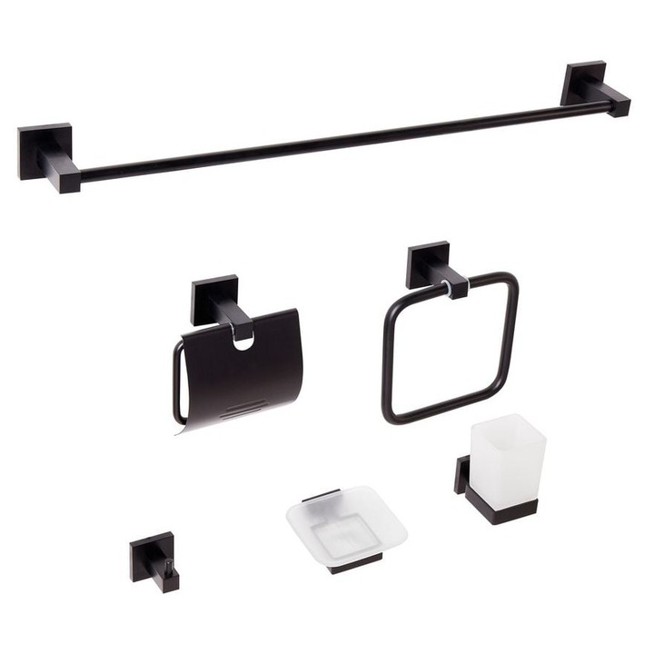Set de 6 accesorii pentru baie Uvita cu bare si carlige pentru prosoape Negru