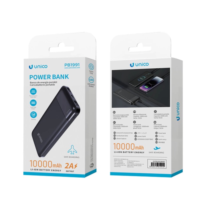 Power Bank Unico, 10000mAh, USB/USB-C, fekete, kompakt