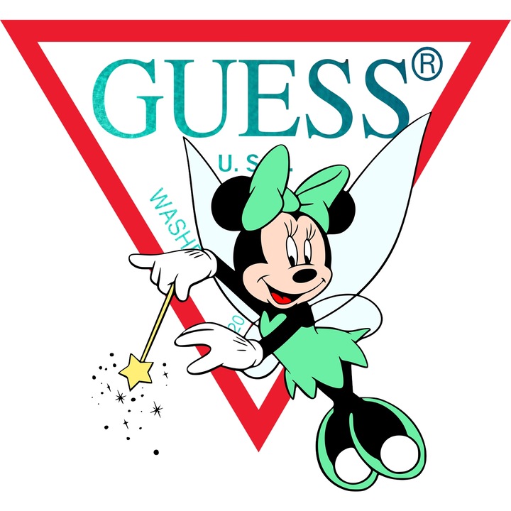 Sticker Adeziv Cu Mickey si Minnie, Cu Textul "Guess" - Design 34, cu Margini Albe, PVC Vinyl 90CM
