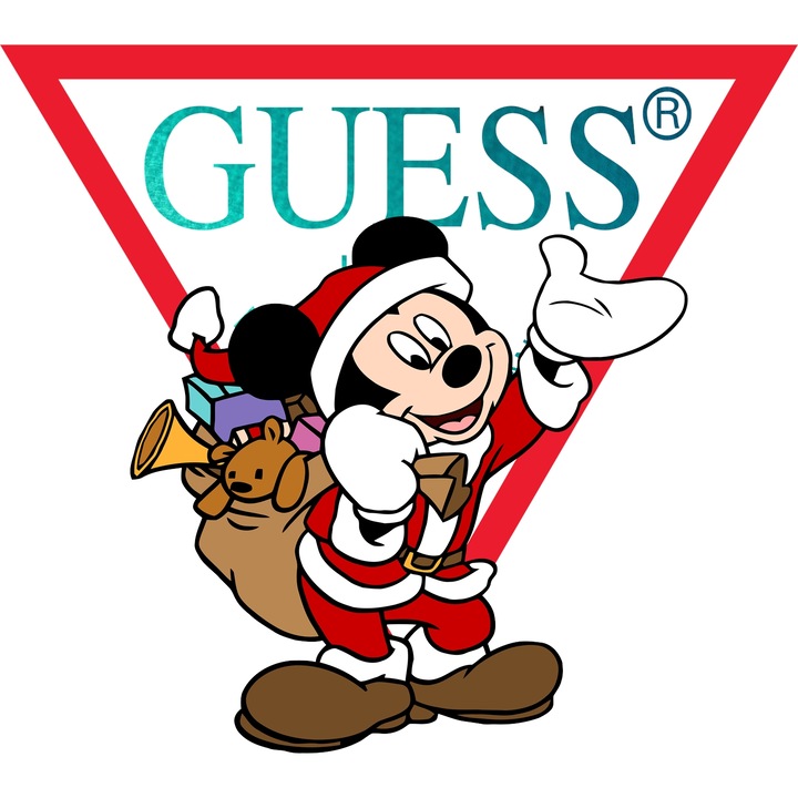 Sticker Adeziv Cu Mickey si Minnie, Cu Textul "Guess" - Design 36, cu Margini Albe, PVC Vinyl 23CM