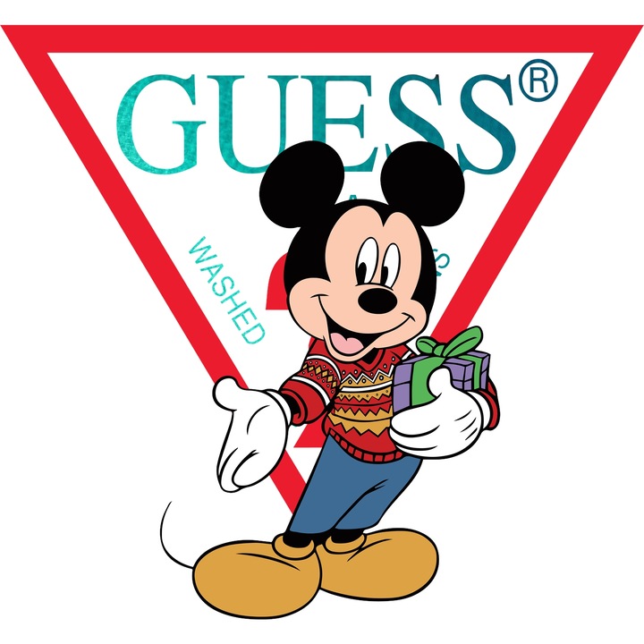 Sticker Adeziv Cu Mickey si Minnie, Cu Textul "Guess" - Design 40, cu Margini Albe, PVC Vinyl 10CM