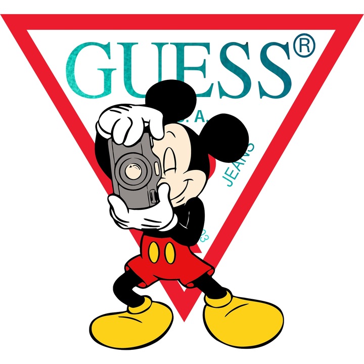 Sticker Adeziv Cu Mickey si Minnie, Cu Textul "Guess" - Design 44, cu Margini Albe, PVC Vinyl 90CM