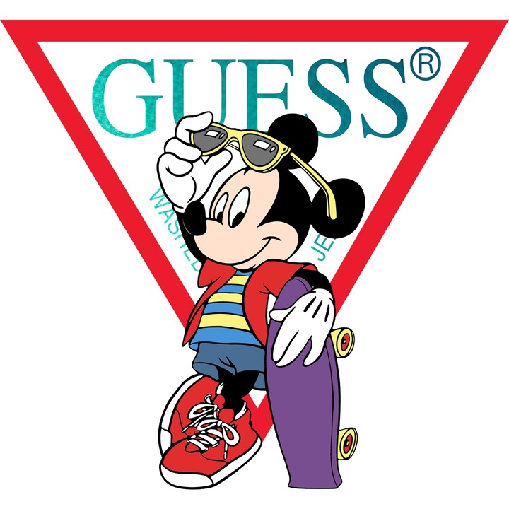 Sticker Adeziv Cu Mickey si Minnie, Cu Textul "Guess" - Design 45, cu Margini Albe, PVC Vinyl 15CM