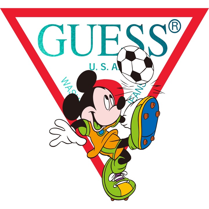 Sticker Adeziv Cu Mickey si Minnie, Cu Textul "Guess" - Design 46, cu Margini Albe, PVC Vinyl 15CM