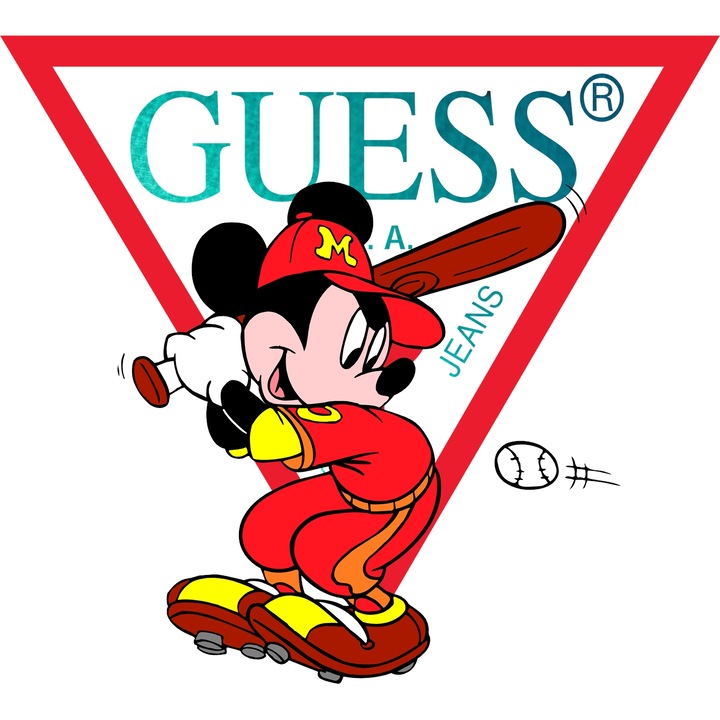 Sticker Adeziv Cu Mickey si Minnie, Cu Textul "Guess" - Design 48, cu Margini Albe, PVC Vinyl 90CM