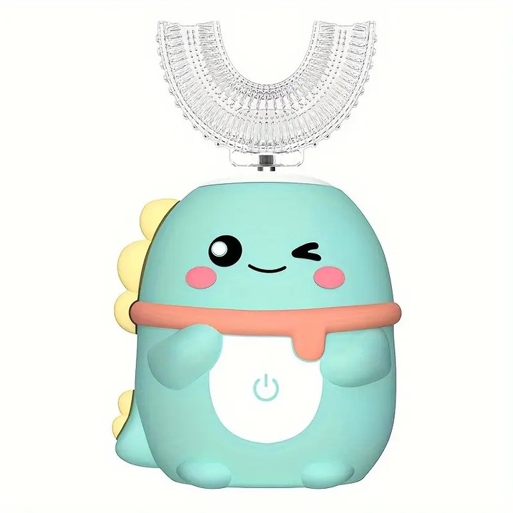 U-alakú elektromos fogkefe gyerekeknek, 5 üzemmód, 60 mp-es időzítő, kefefej mellékelve, zöld dinoszaurusz design