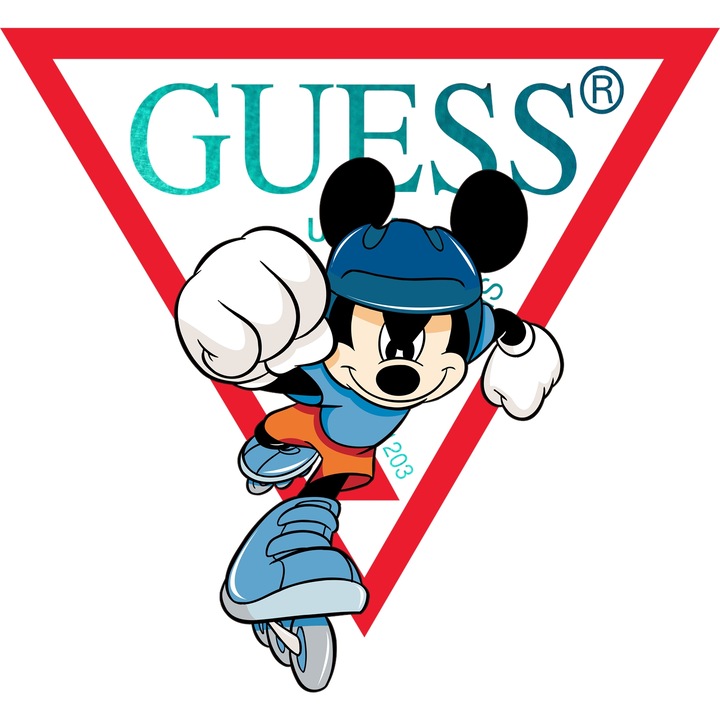 Sticker Adeziv Cu Mickey si Minnie, Cu Textul "Guess" - Design 55, cu Margini Albe, PVC Vinyl 90CM