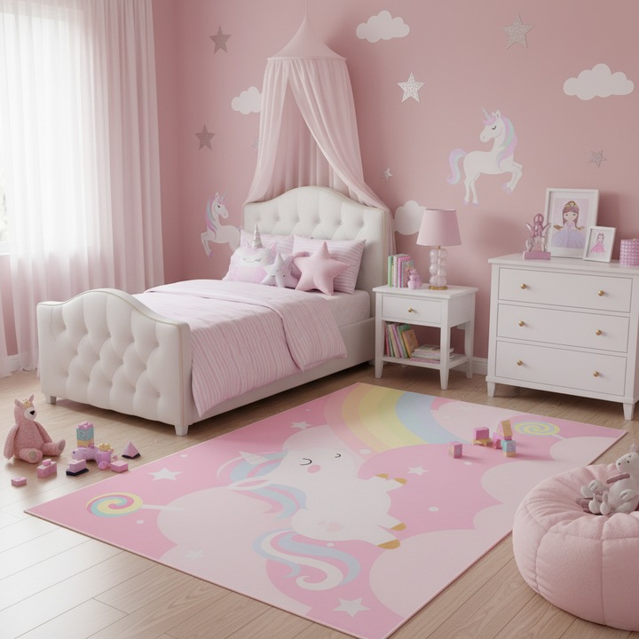 Covor, Tapiso, Crystal Print Kids, 200 x 300 cm, Roz, Inaltime Fir 5 mm, OEKO-TEX, Pentru Living, Camera Copiilor, Rezistent La UV, Rezistent La Pete, Lavabil, Usor de curatat, Rezistent La Intemperii, Impermeabil