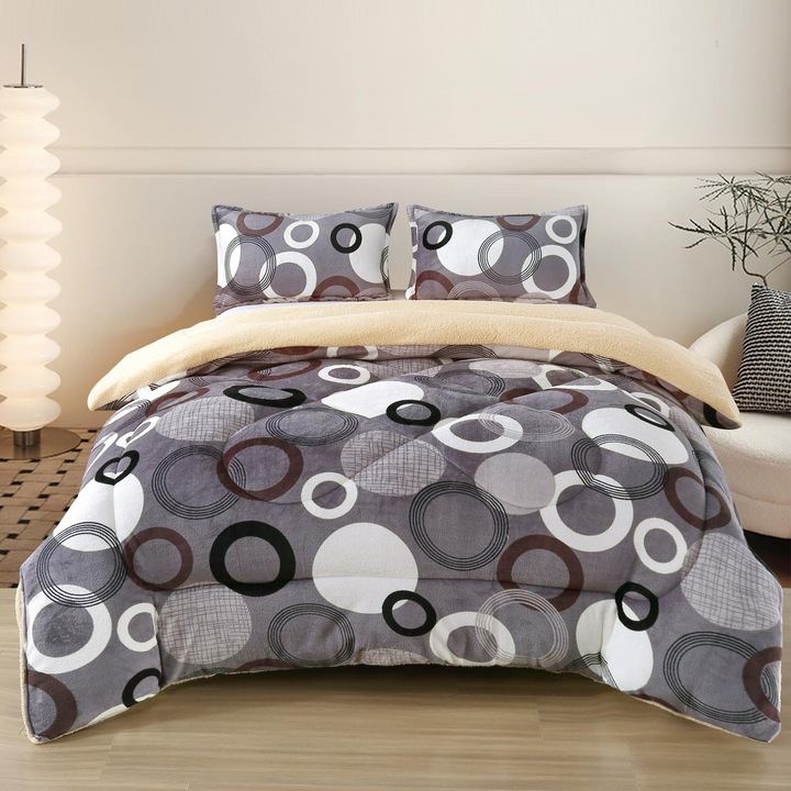 Set Pilota cu Blanita, 3 Piese, Material Cocolino Premium, 200x230cm, pentru Pat Dublu, cu 2 Fete de Perna Incluse, Culoare, Gri