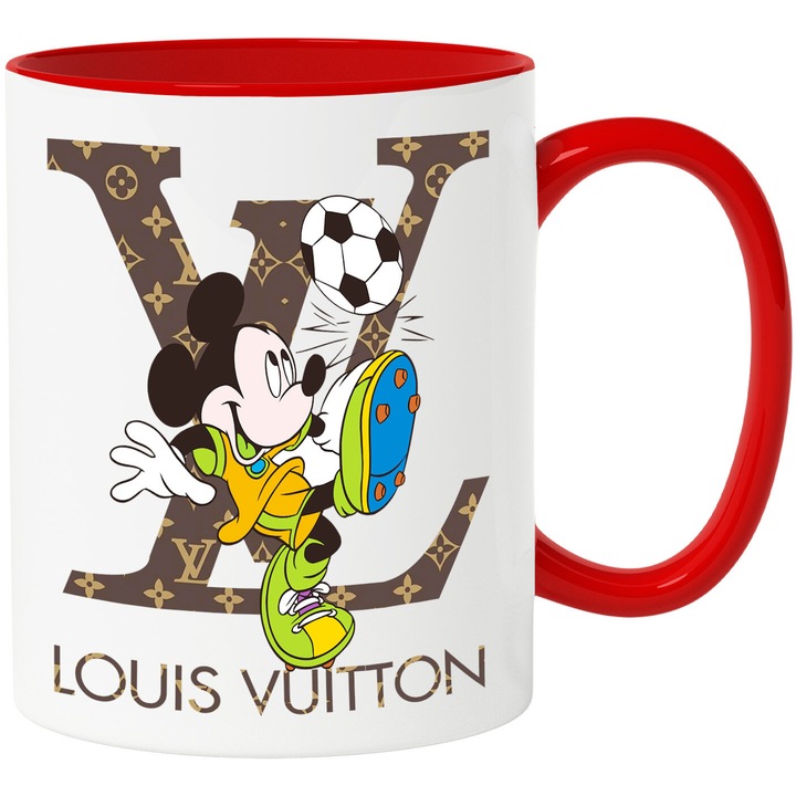 Cana Cu Mickey si Minnie, Cu Textul "Louis Vuitton" - Design 46, Ceramica, 330ML, Cu Maner si Interior Rosu