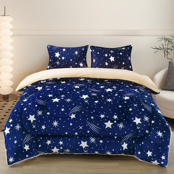 Set Pilota cu Blanita, 3 Piese, Material Cocolino Premium, 200x230cm, pentru Pat Dublu, cu 2 Fete de Perna Incluse, Culoare, Albastru Inchis