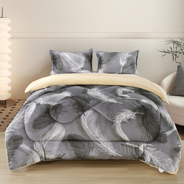 Set Pilota Cocolino Premium cu Blanita, 200x230cm, 3 Piese, pentru Pat Dublu, cu 2 Fete de Perna Incluse, Culoare, Gri Deschis