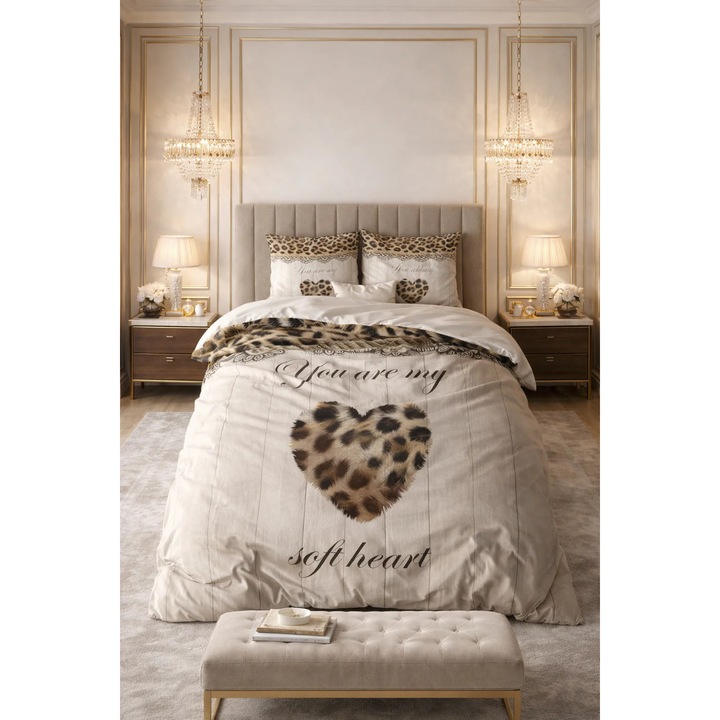 Lenjerie de pat Sleeptime, 1x husa pilota 200x200/220, 2x fete de perna 60x70, Microfibra, Hipoalergenica, 90 GSM, model You Are My Heart Sand, imprimeu Print Digital, culoare Maro