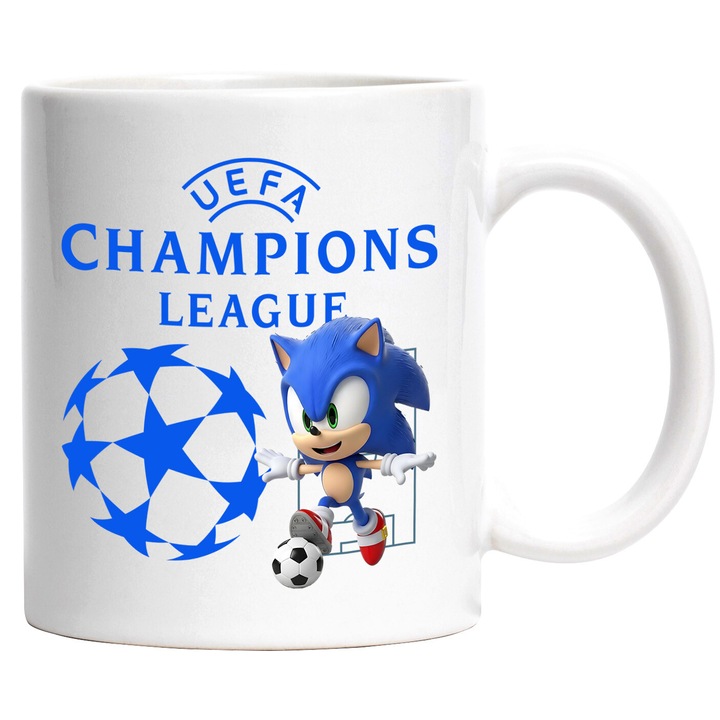 Cana cu Sonic, si Echipa de Fotbal Uefa Champions League, Ceramica, 330ML, Cu Maner si Interior Alb