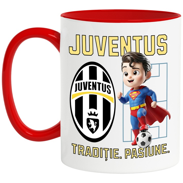Cana cu Superman, si Echipa de Fotbal Juventus, Ceramica, 330ML, Cu Maner si Interior Rosu