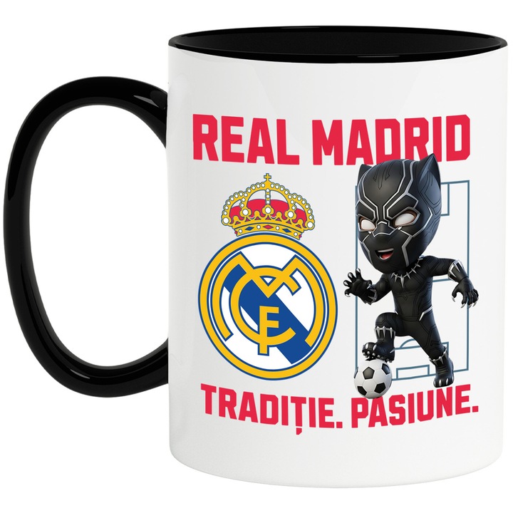 Cana cu Pantera Neagra, si Echipa de Fotbal Real Madrid, Ceramica, 330ML, Cu Maner si Interior Negru