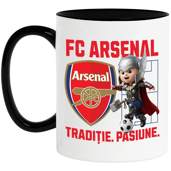 Cana cu Thor, si Echipa de Fotbal FC Arsenal, Ceramica, 330ML, Cu Maner si Interior Negru
