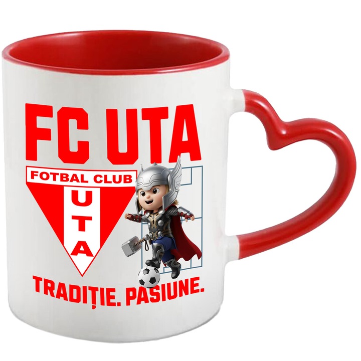 Cana cu Thor, si Echipa de Fotbal FC UTA, Ceramica, 330ML, Cu Maner Inima Rosie si Interior Rosu