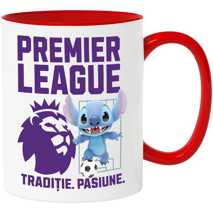 Cana cu Stitch, si Echipa de Fotbal Premier League, Ceramica, 330ML, Cu Maner si Interior Rosu