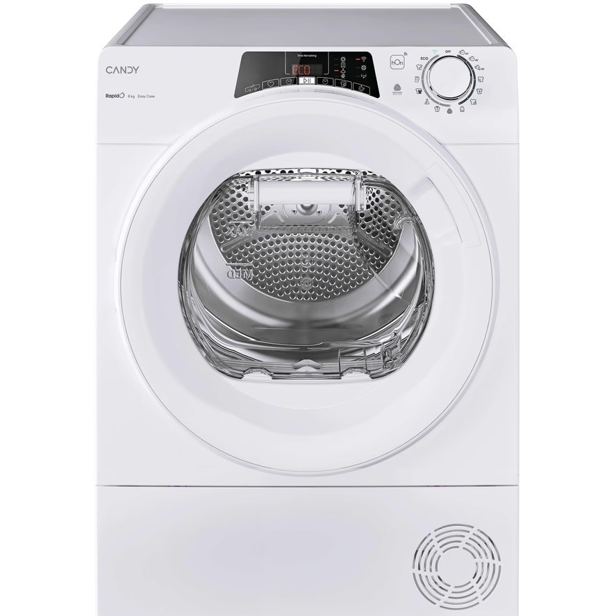 Uscator de rufe Candy Rapido RO EH8N2TE-S, Pompa de caldura, 8 kg, Clasa D, WiFi, Easy case, Senzor uscare, Antisifonare, Alb