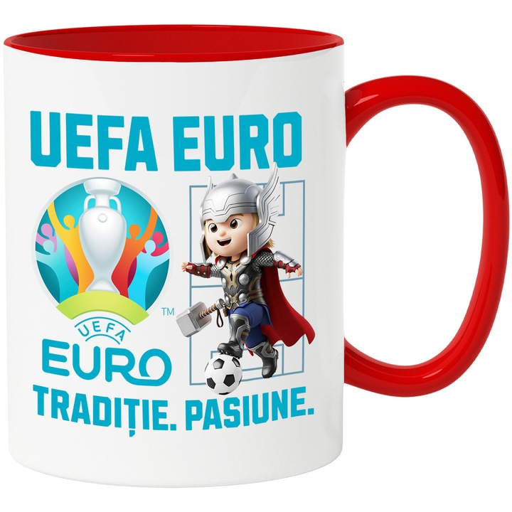 Cana cu Thor, si Echipa de Fotbal Uefa Euro, Ceramica, 330ML, Cu Maner si Interior Rosu