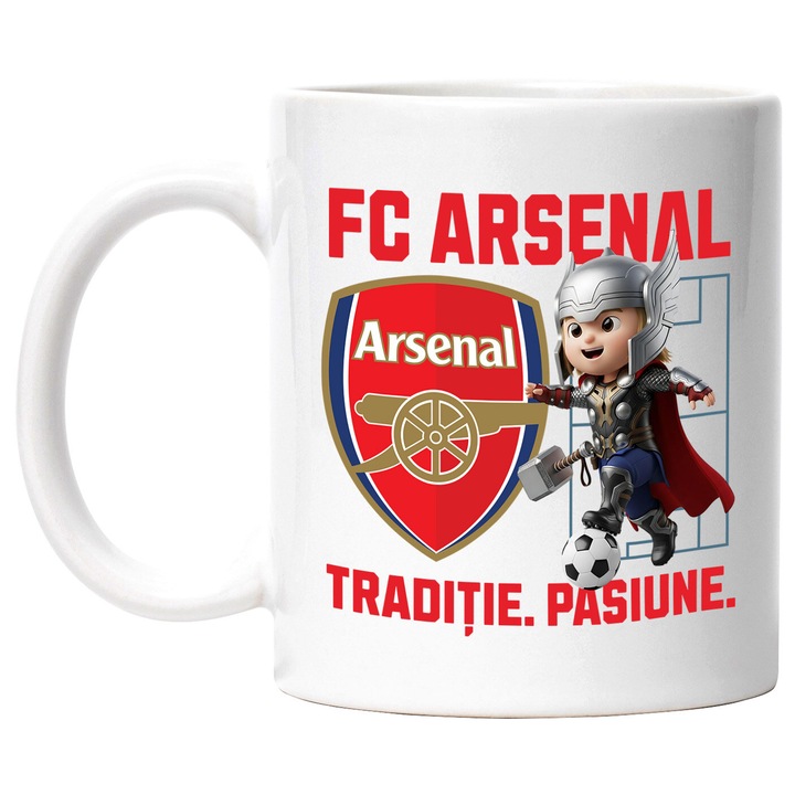Cana cu Thor, si Echipa de Fotbal FC Arsenal, Ceramica, 330ML, Cu Maner si Interior Alb