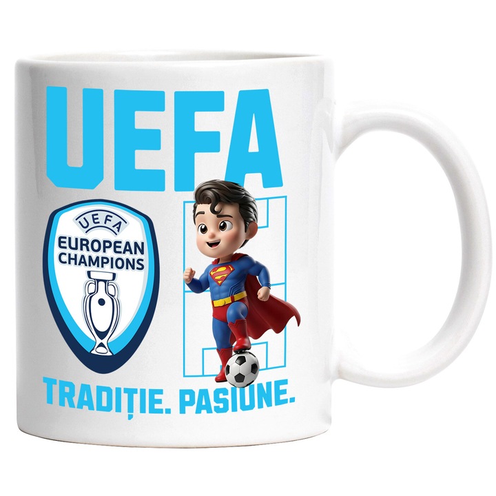 Cana cu Superman, si Echipa de Fotbal Uefa, Ceramica, 330ML, Cu Maner si Interior Alb